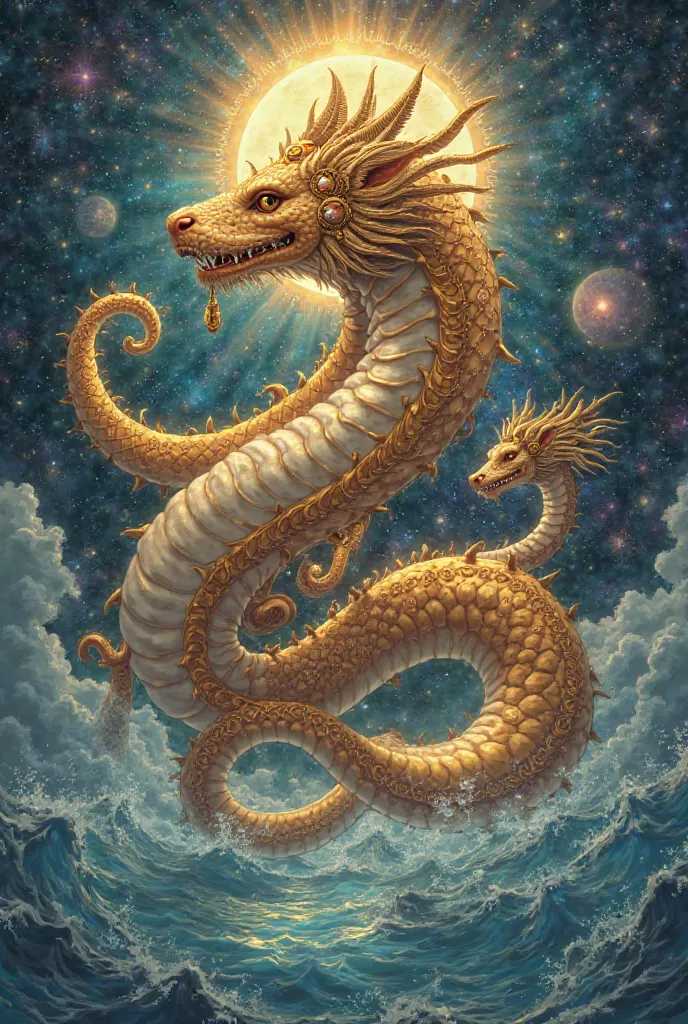 "A majestic illustration of Ananta Shesha, the immense cosmic serpent of Hindu mythology. His body is golden and covered with glowing scales, with multiple snake heads, each adorned with sacred jewels and resplendent crowns. He floats in the vast cosmic oc...