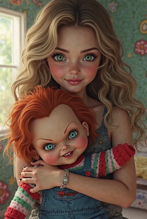 An adult girl a 27 year old with green eyes and long curly light brown hair holding chucky the good guy doll, make them both look innocent and I want them cartoon characters 