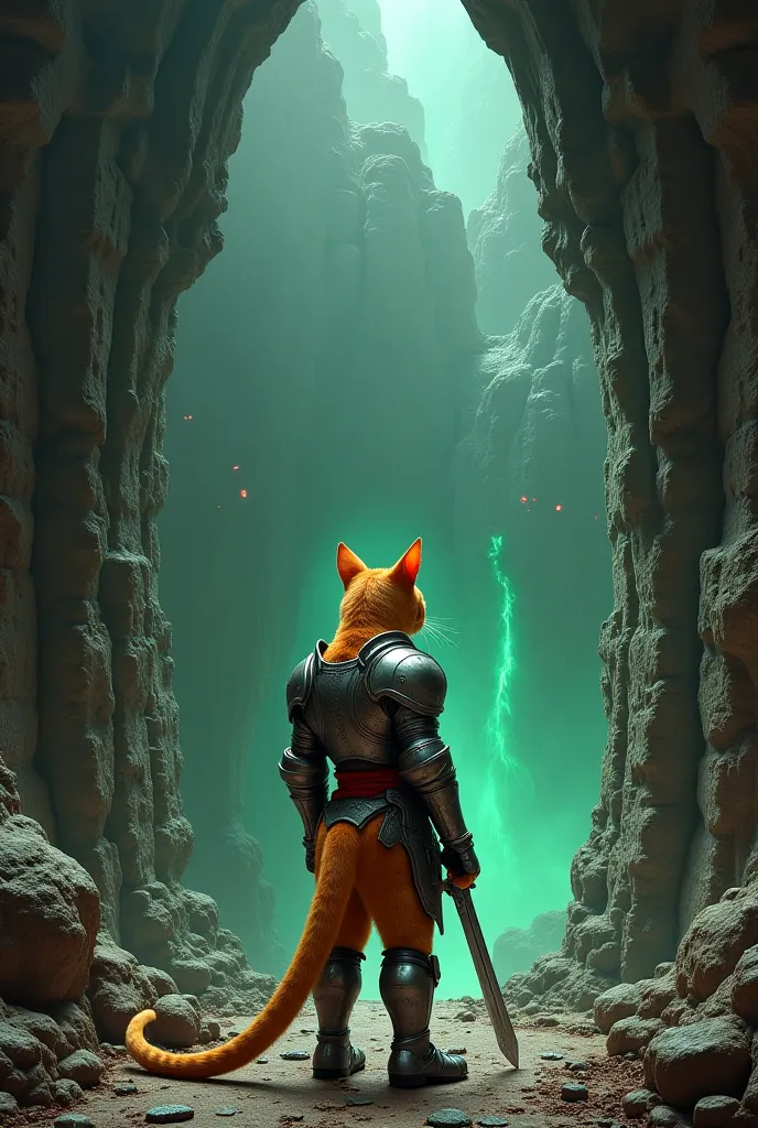 "A tall, 150 cm orange cat with sleek fur and sharp eyes stands in front of a massive, ancient dungeon entrance, its back facing the viewer as it gazes into the dark abyss. The cat wears silver warrior equipment, including a breastplate, gauntlets, and gre...