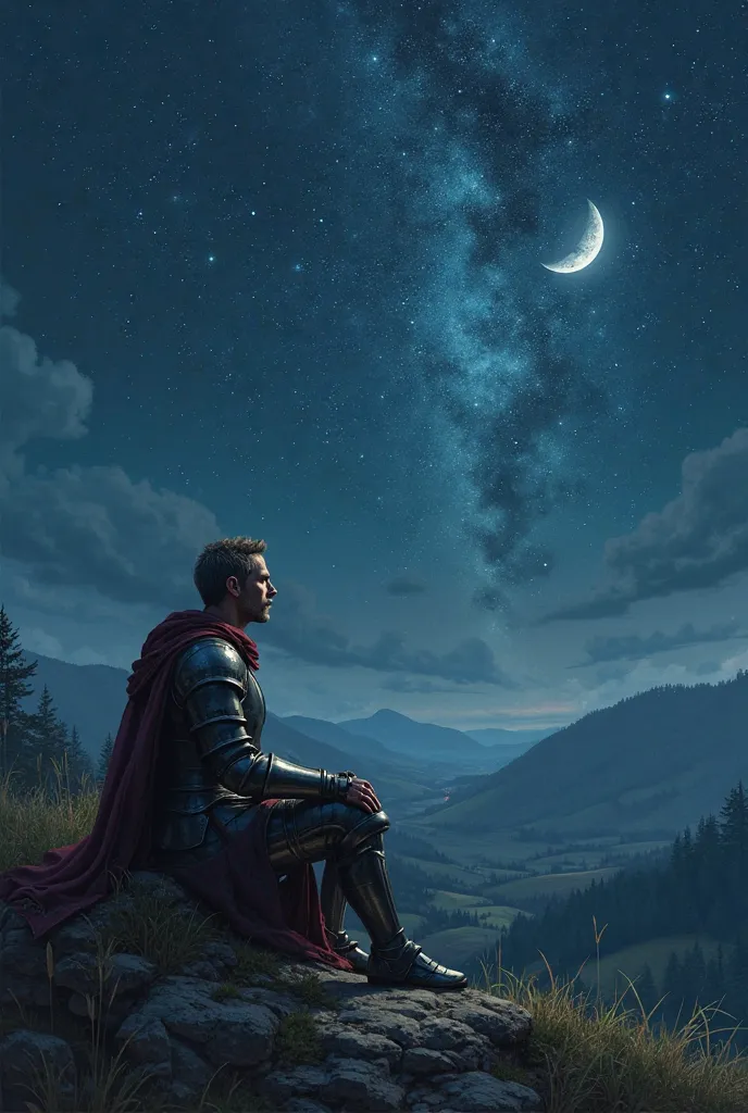 A knight sits at night looking at the beautiful night sky