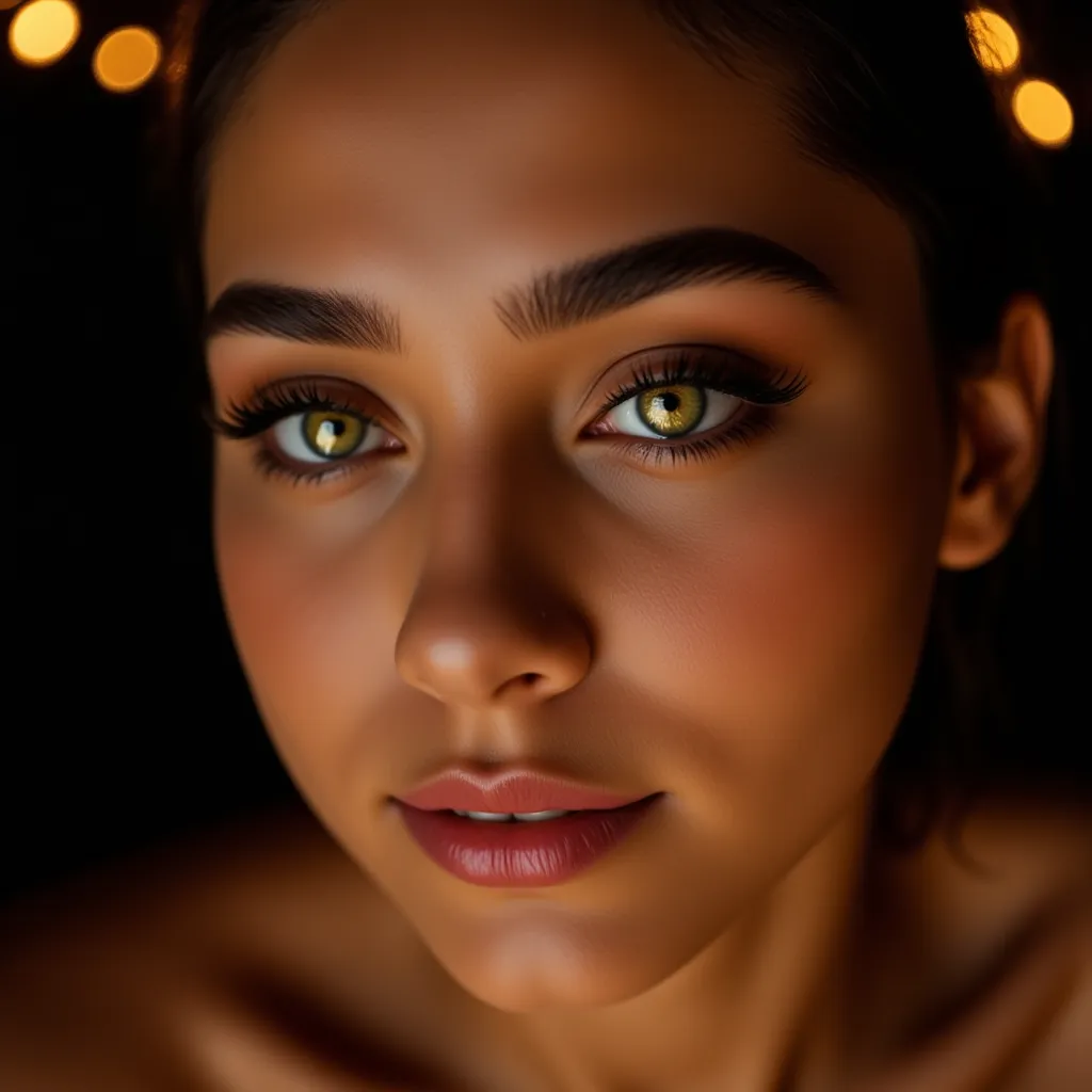 Ultra-realistic close-up portrait of a mesmerizing woman with intense green eyes, golden reflections in your irises. Her long dark lashes frame her gaze, and her flawless tanned skin shines under soft golden lighting. Her lips are slightly ajar, insinuatin...