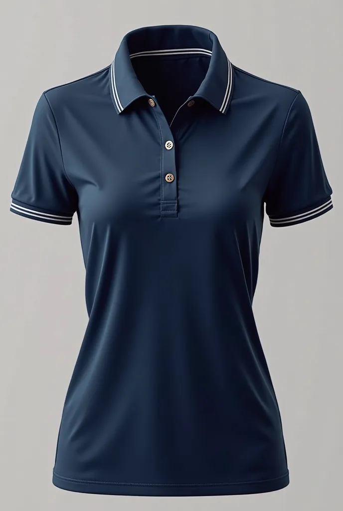 make a navy blue collared polo shirt with black and white lining on neckline and armhole( women model)