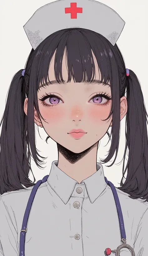 taken from below、fisheye lens、cartoon image of a nurse wearing a nurse hat, super zoom up on her face 、 black hair、full bangs、braids、pigtails、 boobs, with big breasts, (software) Watch Safe Workplace , ([doctor), Nurse girl, for , A bewitching anime woma...