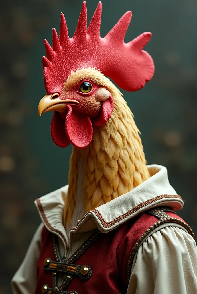 Create a  in the medieval age who is justice between human rooster, has a face on its head it has some feathers creature s She wears a medieval peasant outfit this  is approximately  she is a species described between human and rooster I want you to make t...