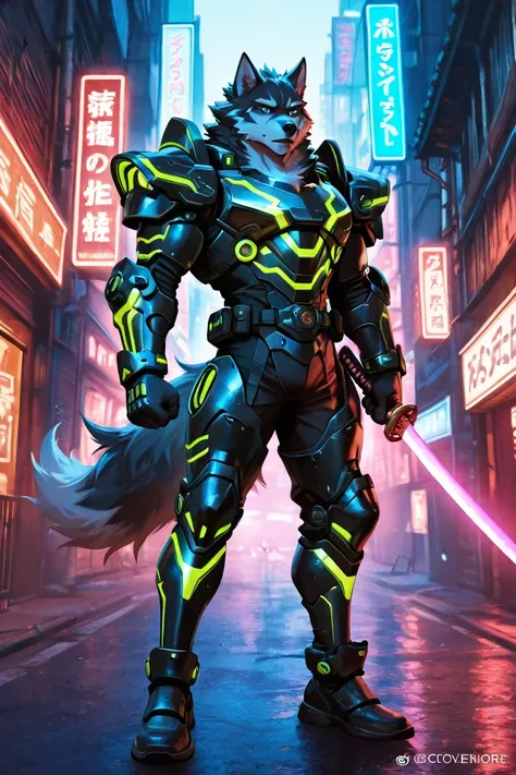 A cybernetic samurai wolf with neon armor and glowing katana, standing in a neon-lit Tokyo alley, hyper-detailed fur texture, trending on ArtStation, 8k --ar 2:3"