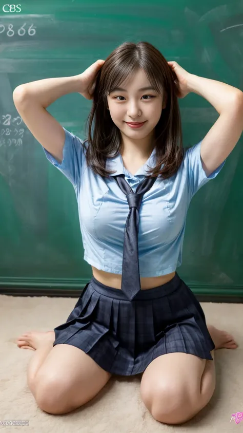 Masterpiece, Anatomically Correct, Accurate, High Details, k, young 1girl, Black Hair, Large breasts, 35mm, F/2.8, Realism, Sexy Catholic school uniform, Random background, Random pose, Random hair style, dynamic pose, excited pose, smile