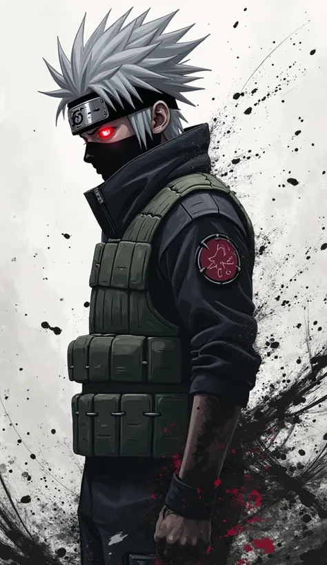 kakashi as leaf village sash, with one red eye, as if he was in an all-black abstract world