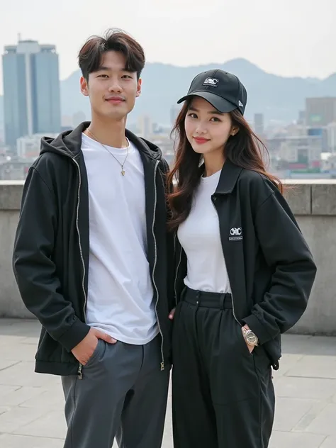 Generate an image of 2 gadis cantik Korea,  white t-shirt, and the black jacket of the cool stel model right now, trousers, and shoes . is standing holding a baseball cap, against the backdrop of the Korean city,  smiling looking towards the camera .with 3...