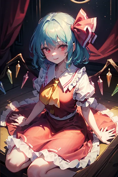 ((( Touhou Project)))、(((flandre scarlet)))、(((Pastel blue hair )))、((red eyes、Glow in the dark))、Smile、(((pastel burgundy maid clothes with frills)))、(((Inside a large dark room in the Red Devil at night、It&#39;s dark in the room)))、(((Hold Levatein in yo...