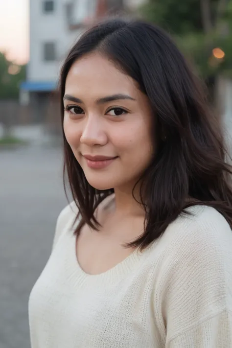 Masterpiece, winning award, hyper detailed, high resolution, high quality, 8k quality, textured skin, indonesian woman, 30 years old, wearing sweater, long thick black wavy hair:1.5, beautiful eyes, golden hour, detailed face, soft lighting, beautiful skin...