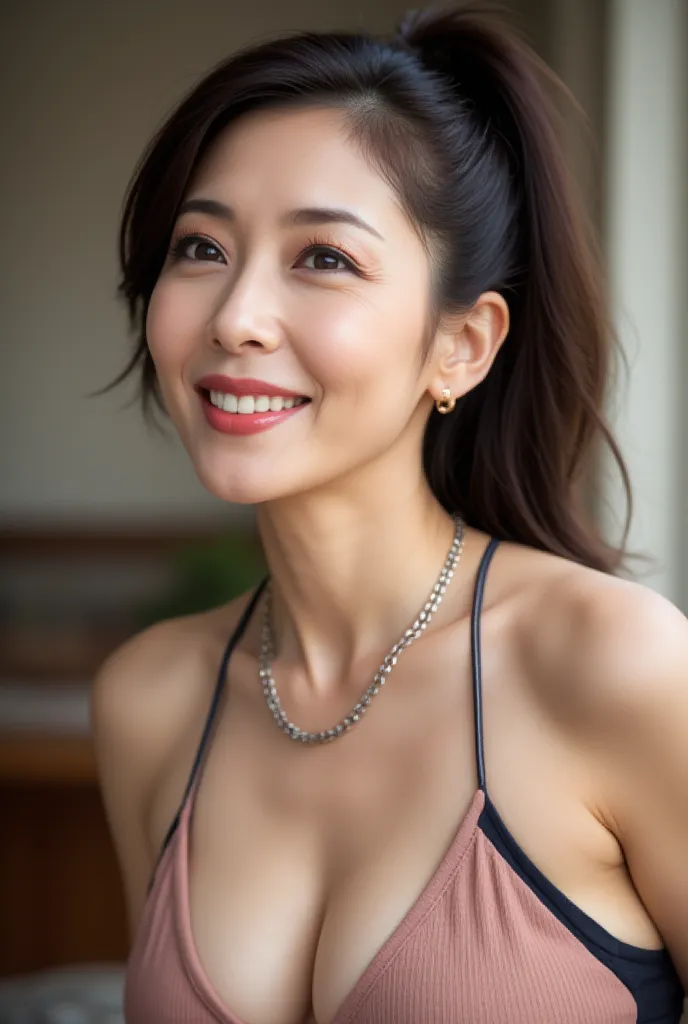 Closeup Portrait, 48-year-old glamorous Japanese woman, (High Resolution, masterpiece, Best Quality, high detail, Sharp Focus), (ultimate beauty, realistic, 超realisticな,  realistic), depth of field, physically-based rendering for viewers,
(tall ponytail, h...