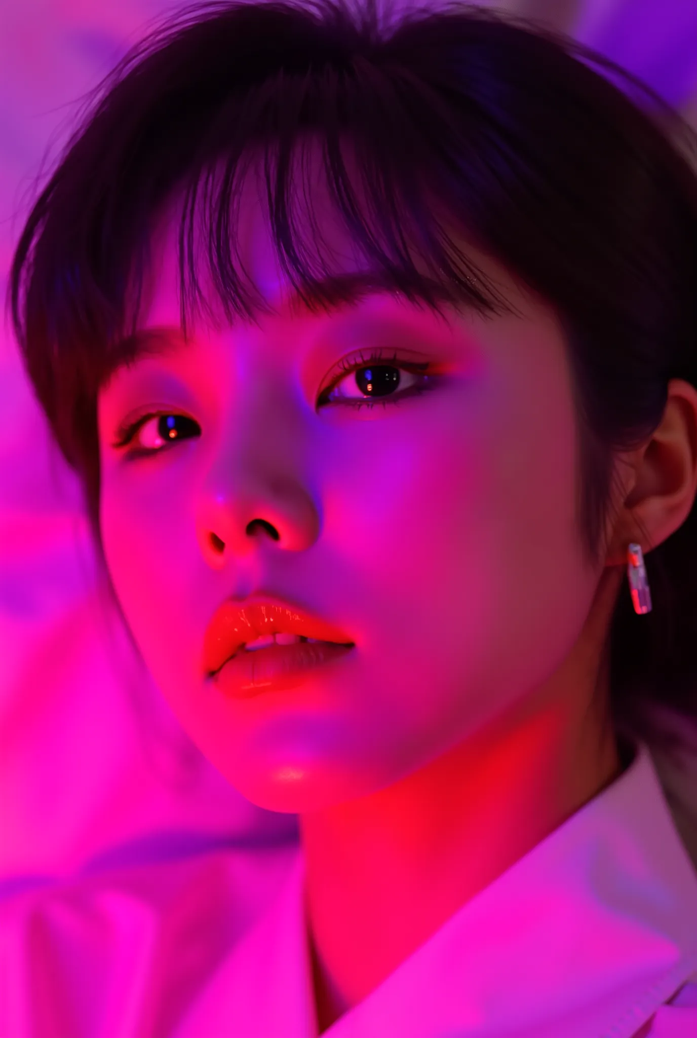 korean woman with pink neon makeup posing in bed, glowing pink face, soft portrait shot 8 k, glowing magenta face, glowing with colored light, sexy girl, glowwave girl portrait, magenta lighting. fantasy, glowing neon skin, color photograph portrait 4k, 8 ...