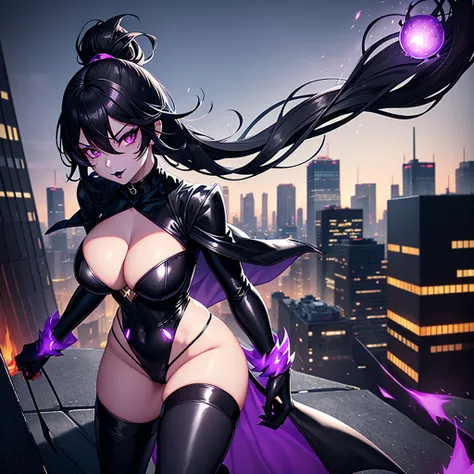 Female, Large Breasts, Black Hair, Black Lipstick, Black Domino Mask, black spandex suit with purple flame patterns, black gloves, black high heel boots, holding one hand up as a purple fireball forms in her hand, standing on a city rooftop at night, 