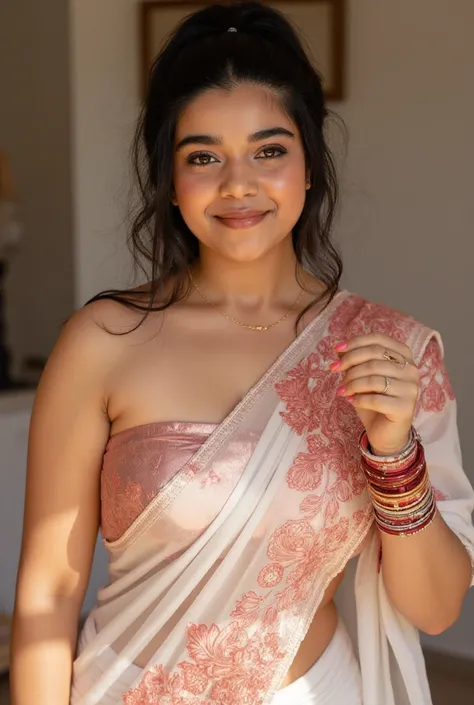  portrait of beautiful 1M4N  Indian beautiful woman sexy bhabhi, Copper colour strapless Sleeveless blouse,very deep cleavage,curvy plus size model wearing transparent white pink floral color saree ,Copper colour satin glossy strapless sleeveless blouse, p...