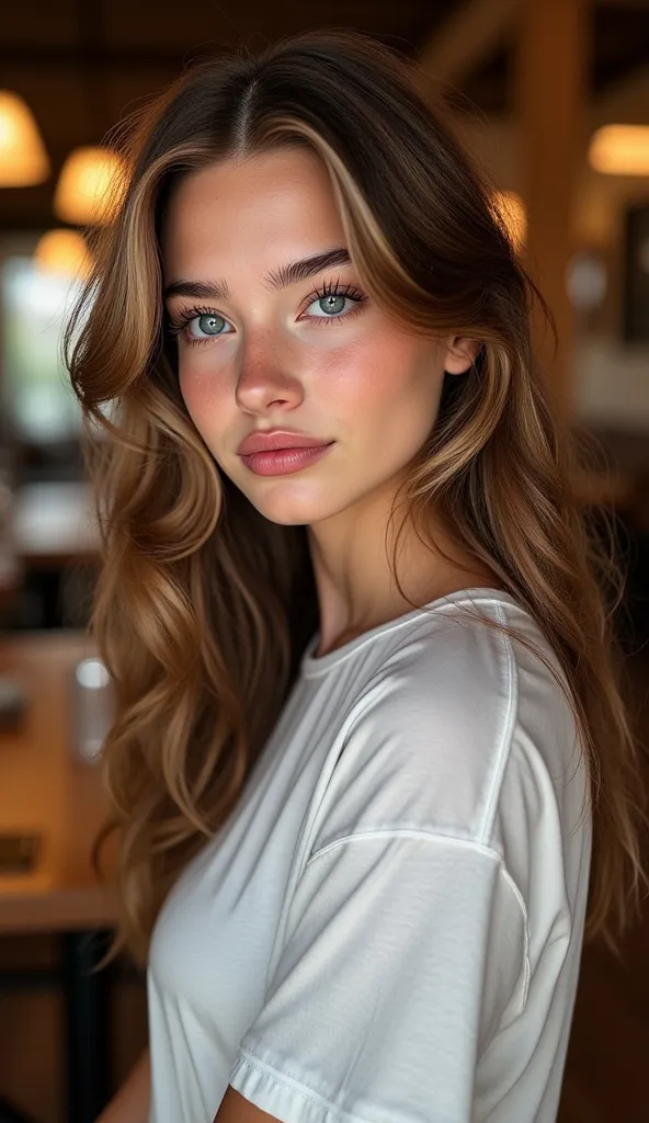 A warm and inviting cinematic portrait photograph of a stunning 21-year-old young woman wavy brown hair, showcasing her flawless porcelain skin and bright, expressive blue eyes, wearing a T-shirt and short skirt standing confidently in a cozy, rustic resta...