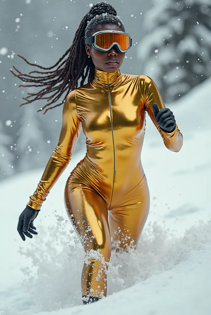 Sexy African woman with ski mask descending in the snow , wearing gold bodysuit