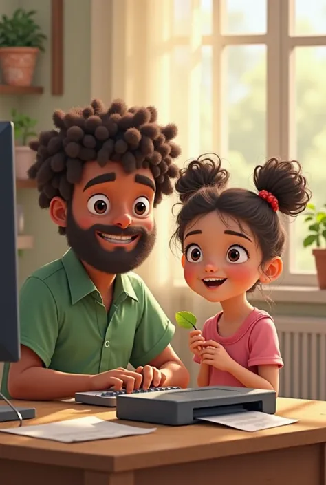 Animation of a brown boy with a beard and curlers dressed in a green shirt sitting at his computer accompanied by a chubby white girl with long curly hair dressed in pink with a leaf in her hand in front of a printer 