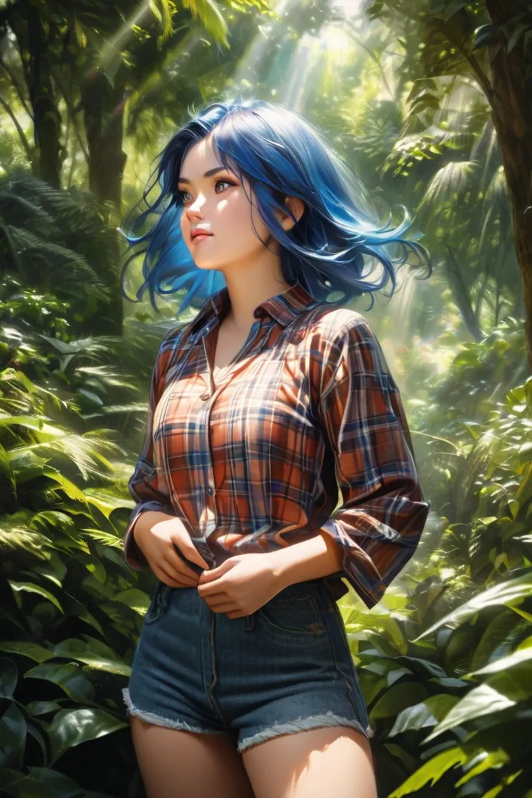 A woman in a plaid blouse , short jeans, blue hair clothing 