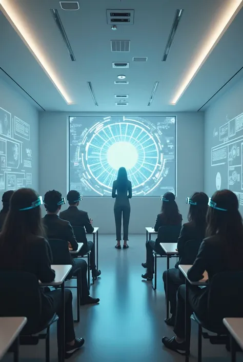 A futuristic classroom where ren wear augmented reality headsets. A holographic teacher teaches them: 'Emotions are an illusion. Trust the network