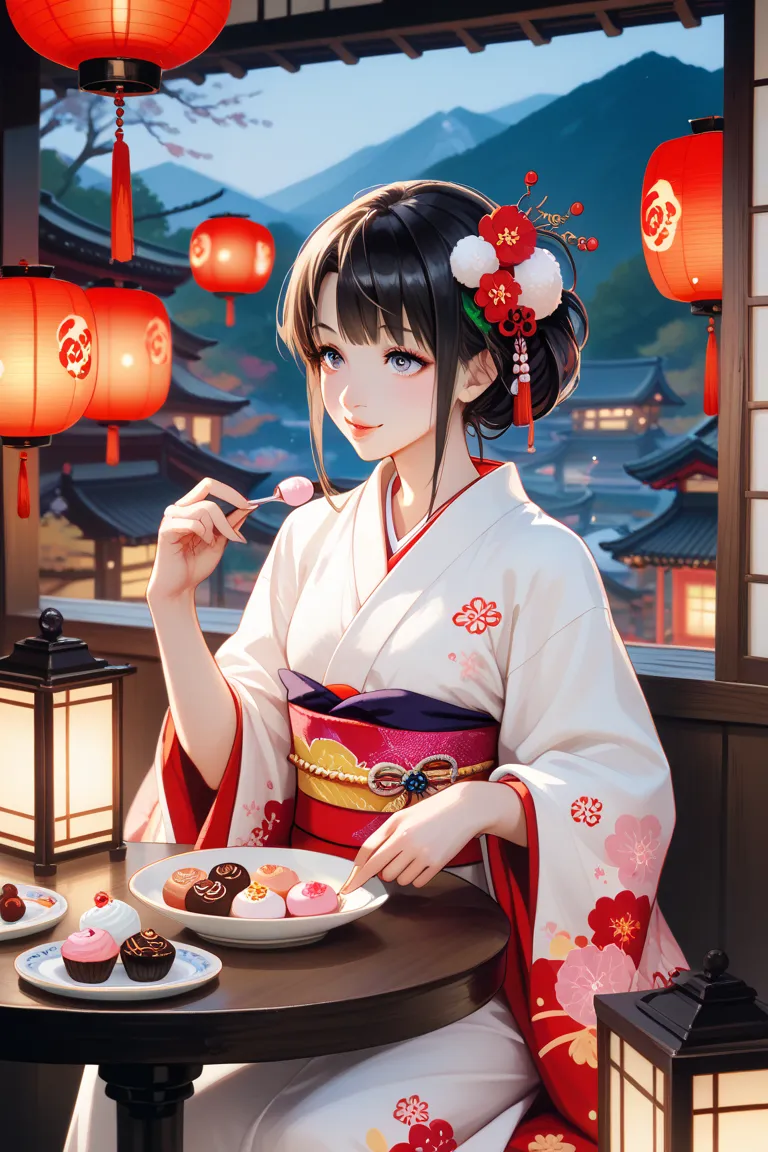 Girl eating Japanese sweets with plenty of red bean paste in a delicious way