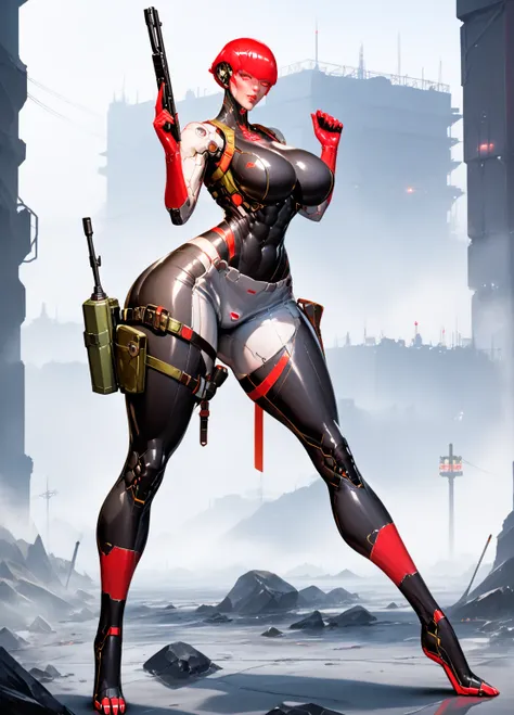 assaultron, big breasts, wide hips, big ass, thick toned thighs, in buruma, detailed assaultron cybernetic female android, human like face, intricate facial features, aggressive pose, glowing red eyes, advanced cybernetic enhancements, futuristic bodysuit,...