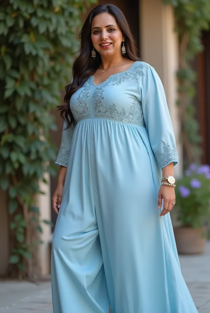 **"A breathtakingly voluptuous yet well-maintained mature woman with an ultra-curvy physique—a voluptuous 60-size bust, wide hips, thick thighs, and a completely flat, toned stomach. She wears a stunning, body-hugging Pakistani shalwar kameez, tailored to ...