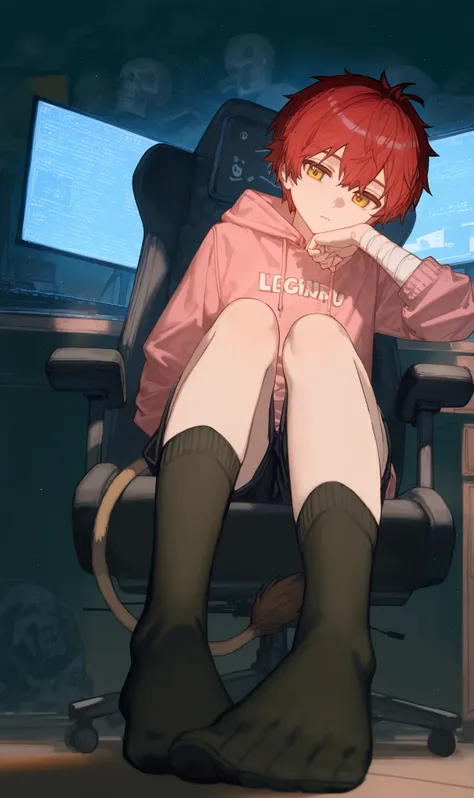 1boy, , , (ciloranko:0.9), lack,foreshortening, red hair,closed mouth, yellow eyes,solo , cinematic, masterpiece, best quality, good quality, newest, highres, absurdres,shota,no shoes,bandaged arm,pink hoodie with black skull, black shorts,lions tail,sitti...