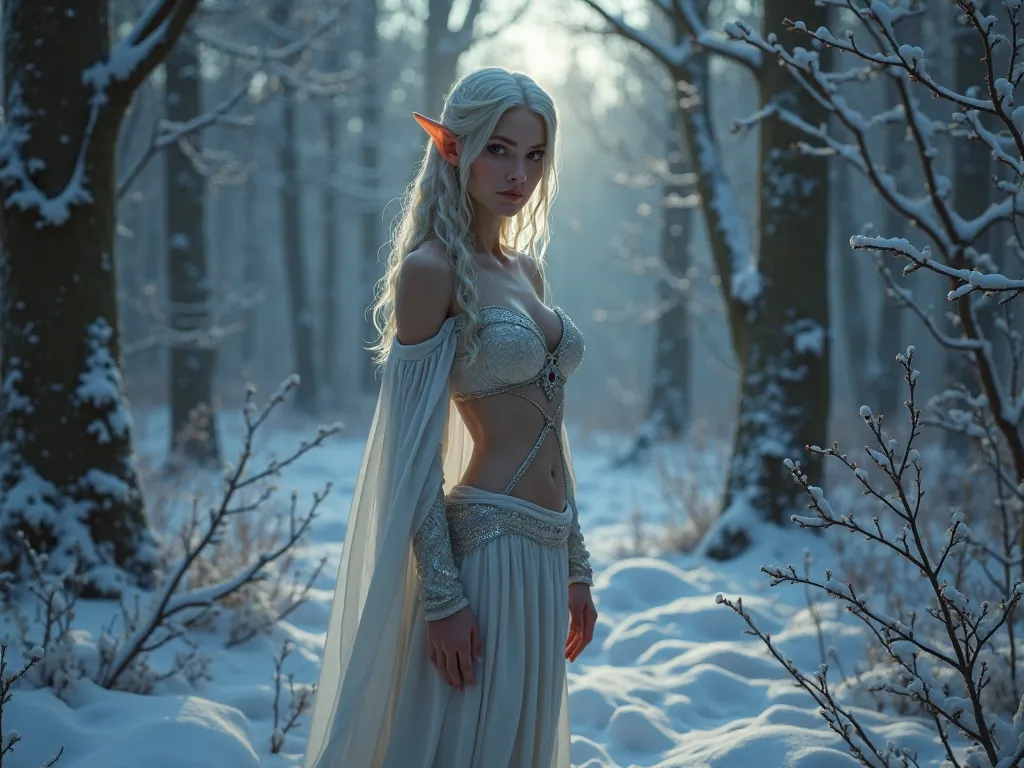 Elf girl with a beautiful figure,nice breasts in winter in the dark forest 