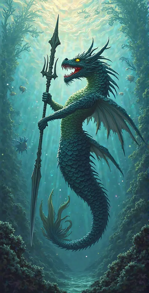 Keep the drawing format, Do it better than that, The sword that is a trident, Define the dragon better, take the tail out of the back and leave the mermaid tail well defined 