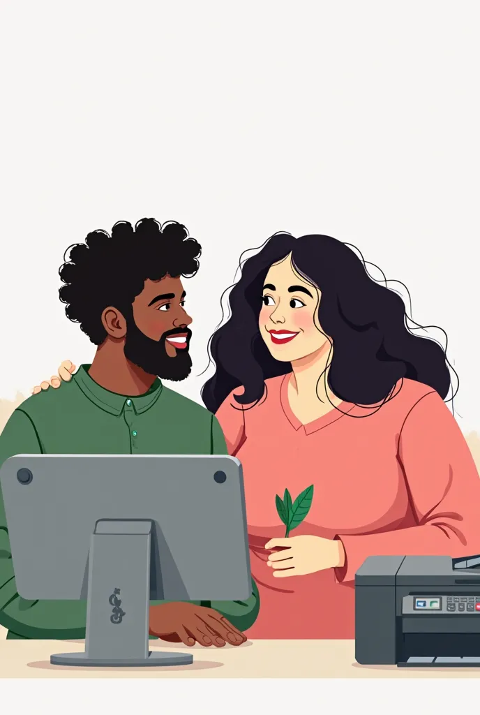 Animation of a black boy with a beard and curlers dressed in a green shirt sitting at his computer accompanied by his chubby white wife with long curly hair dressed in pink with a leaf in her hand in front of a printer on a white background