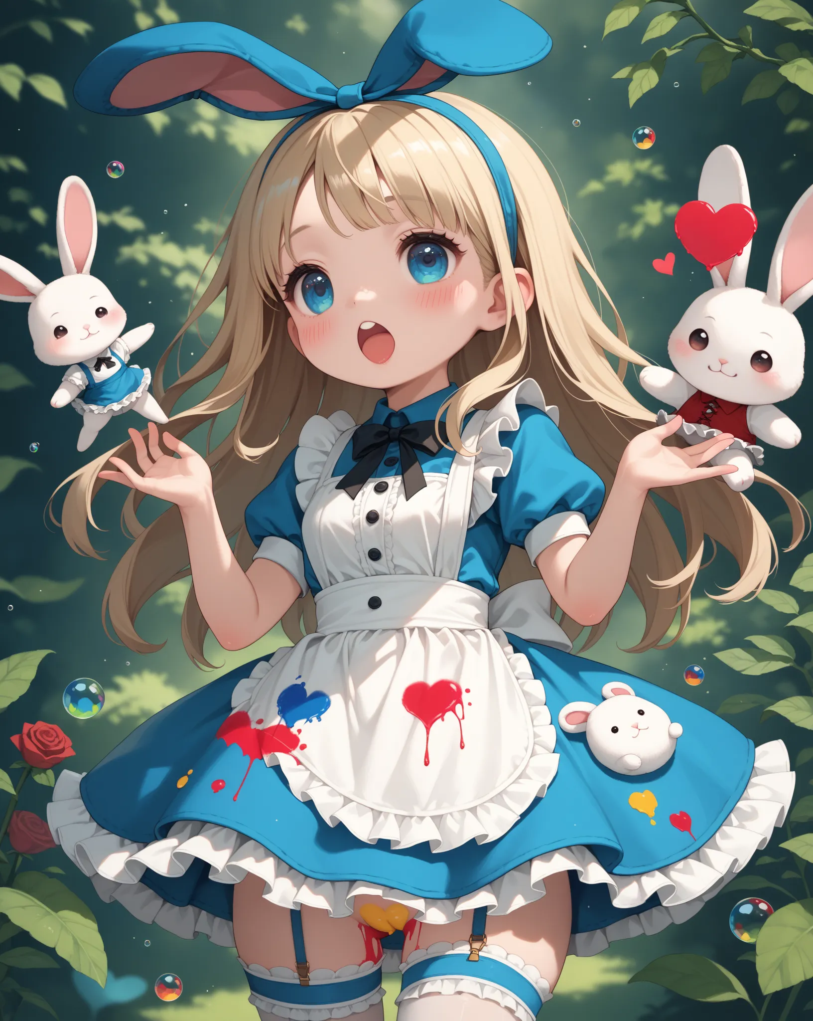 chibi anime , Alice in Wonderland , petit girl , round face , frill skirt , garter belt , moist , heart is beating fast , stuffed rabbit , Rodents , bold pose , out of frame , looking away
, paint on crotch , groin , paint on labia major , (Rose Vine like ...