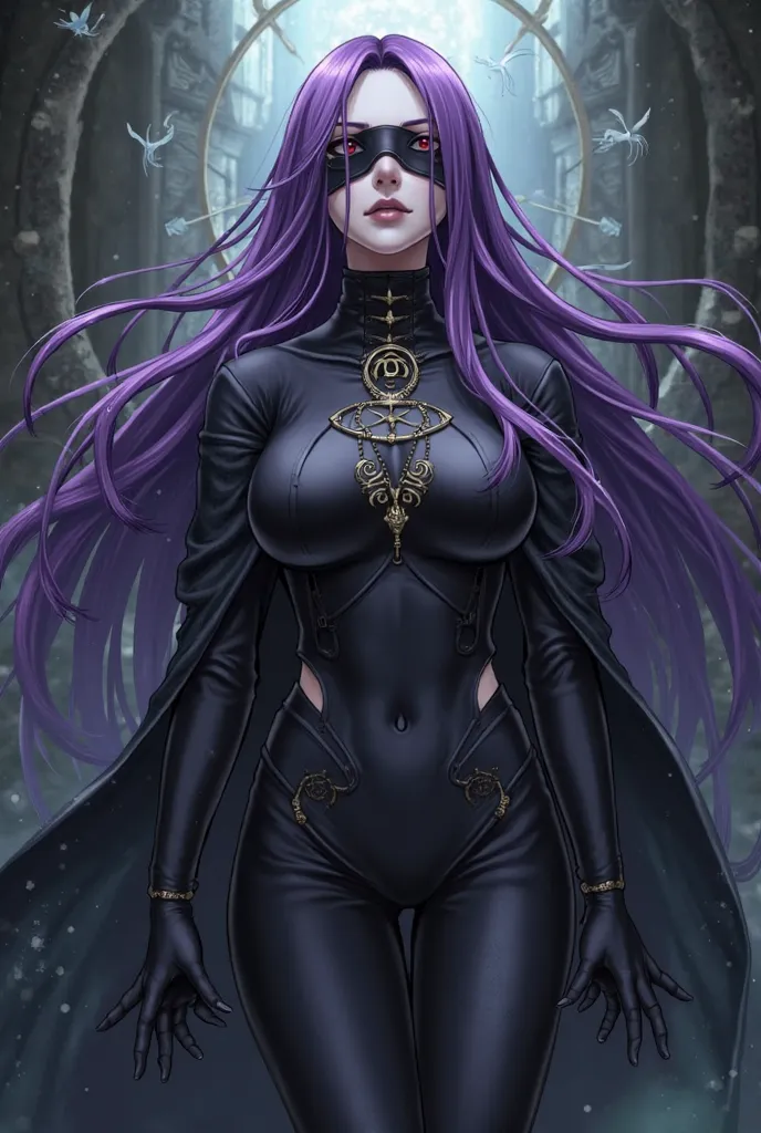 Rider (fate stay night) ,(medusa), long purple hair, blind fold