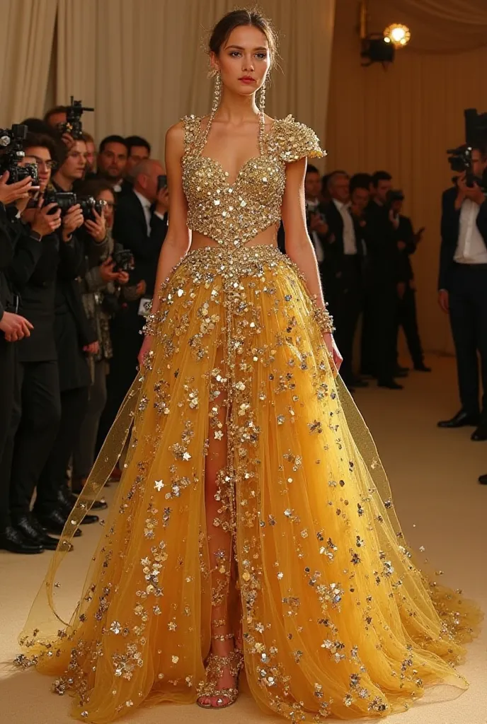 Create a Schiaparelli style Met Gala look with a full skirt, body skirt with crystallization technique and that the predominant color is gold/Super iconic gold, unique, maximalist, with avant-garde and unconventional structures with avant garde style 