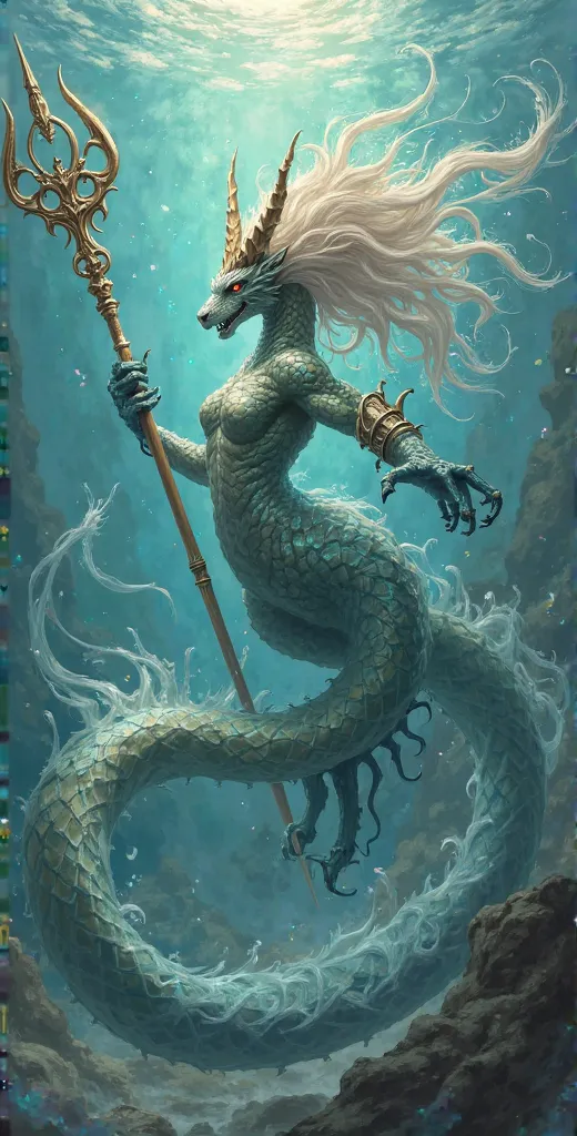 Keep the format of the previous drawing, Do it better than that, the sword that is a trident, Define the dragon better, take the tail out of the back and leave the mermaid tail well defined 