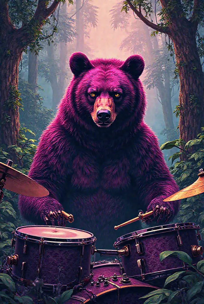 Comic: Industrial, Jungle music poster with cunning and indifferent colors, featuring a magenta black bear playing electric drums