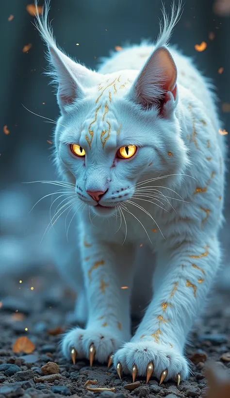 Phantom lynx with, sharp claws, golden patterns his body tattoos are small that never really touch the ground. His fur is ghostly white, shimmering into transparency and back, and her empty eyes glow with an eerie blue flame. when he hunts slowly before go...