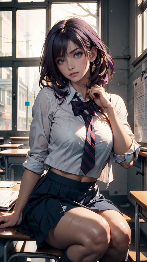 1 girl crouching,  long midnight purple hair, Golden light eyes, sit in classroom, White school uniform　modern style, anime