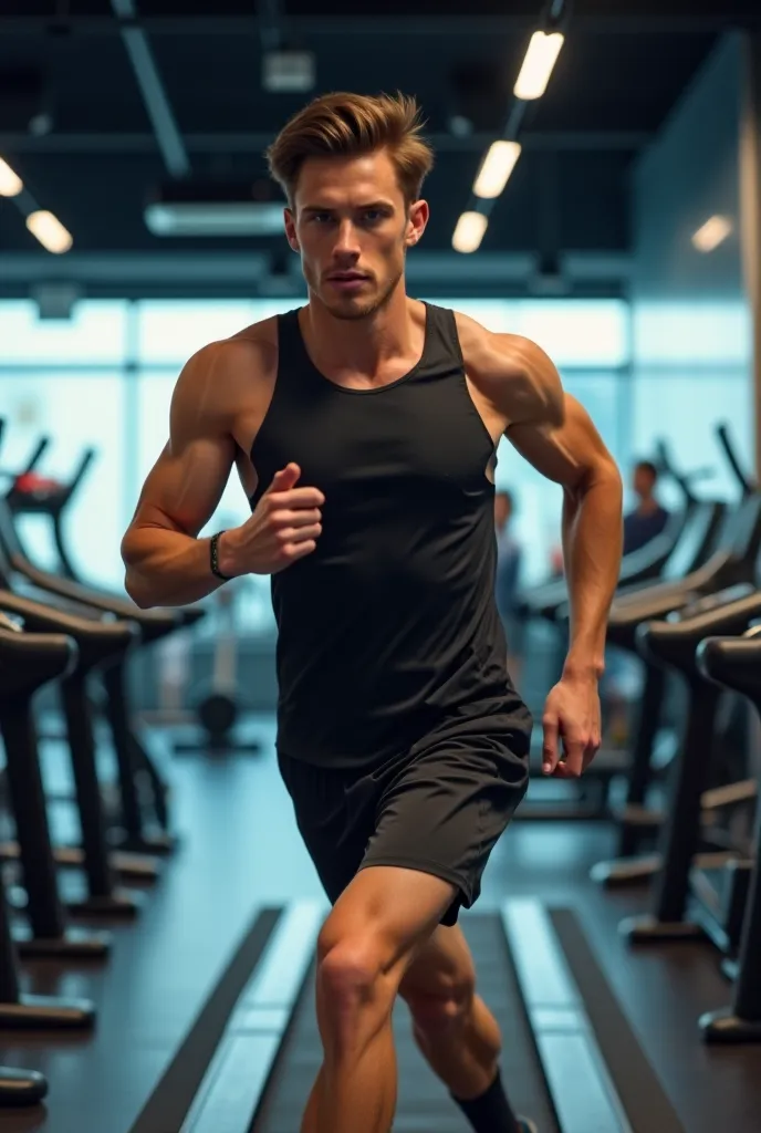 Create a young man in a gym running on a resistance treadmill stop Mution version 