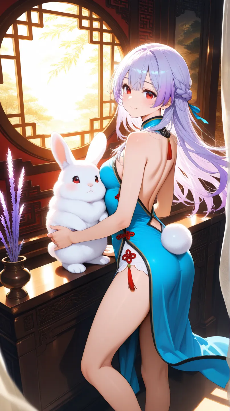 Reisen Inaba with long lavender hair and red eyes wearing a short lavender sleeveless backless qipao and barefoot with a bunny tail showing her legs