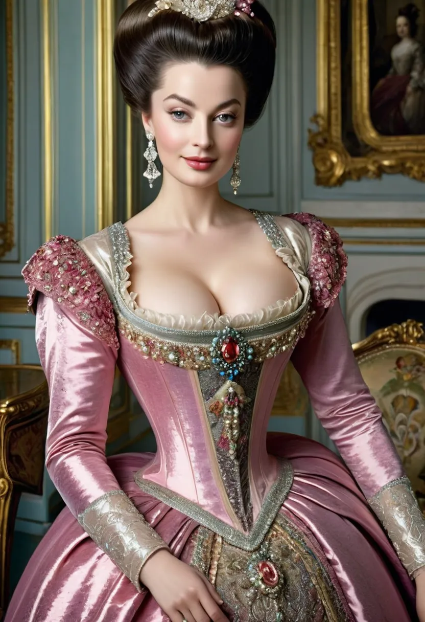 An authoritative and powerful real photo of a beautiful and celestial and majestic Madame de Pompadour who is a chief mistress of King Louis XV with large elegant, hawk-like-nose, who embodies old fashioned class, sophistication, elgance as well as wholeso...