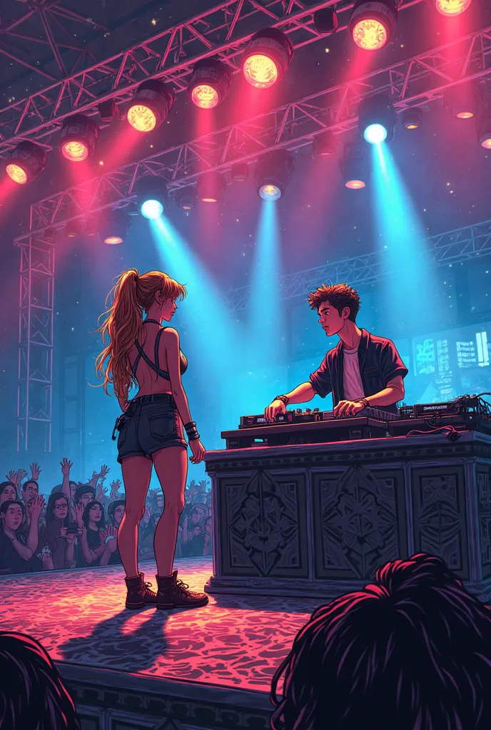 Danielle Rose Russell and Martin Garrix in a manga-like style.  They then on a stage with an audience in front of them. There's a DJ table on stage.  Danielle has her back to Martin and has a microphone in her hands. 