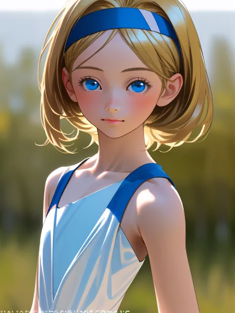 (13years old cute girl:1.2), White Fluffy Dress , blonde  hair, blue eyes, Headband on the head , looks at woman, Hi-Res, high quality, very detailed, Ultra High Definition, masterpiece, Shoulder Hair , flat chest, (photorealistic:1.3), shoulder shot, 