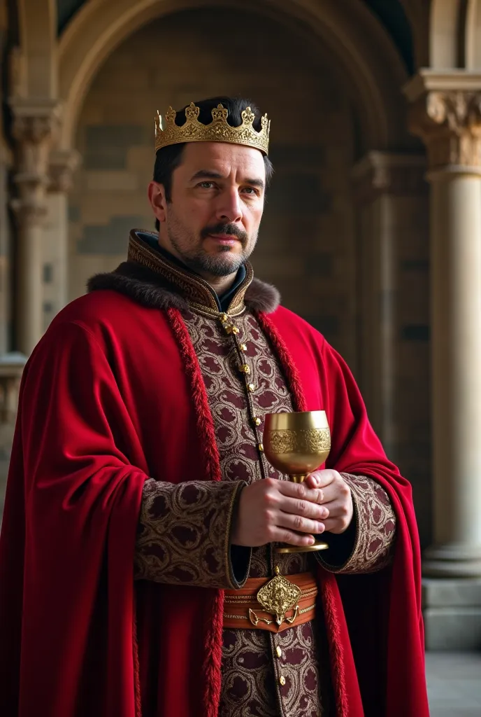 Create an apparently 50-year-old man, black hair, brown eyes,white skin, wearing a medieval red outfit,that covers the arms and the body, showing the chest, with a Gold Crown on his forehead, holding a metal wine glass,  with open arms  ,standing, realisti...