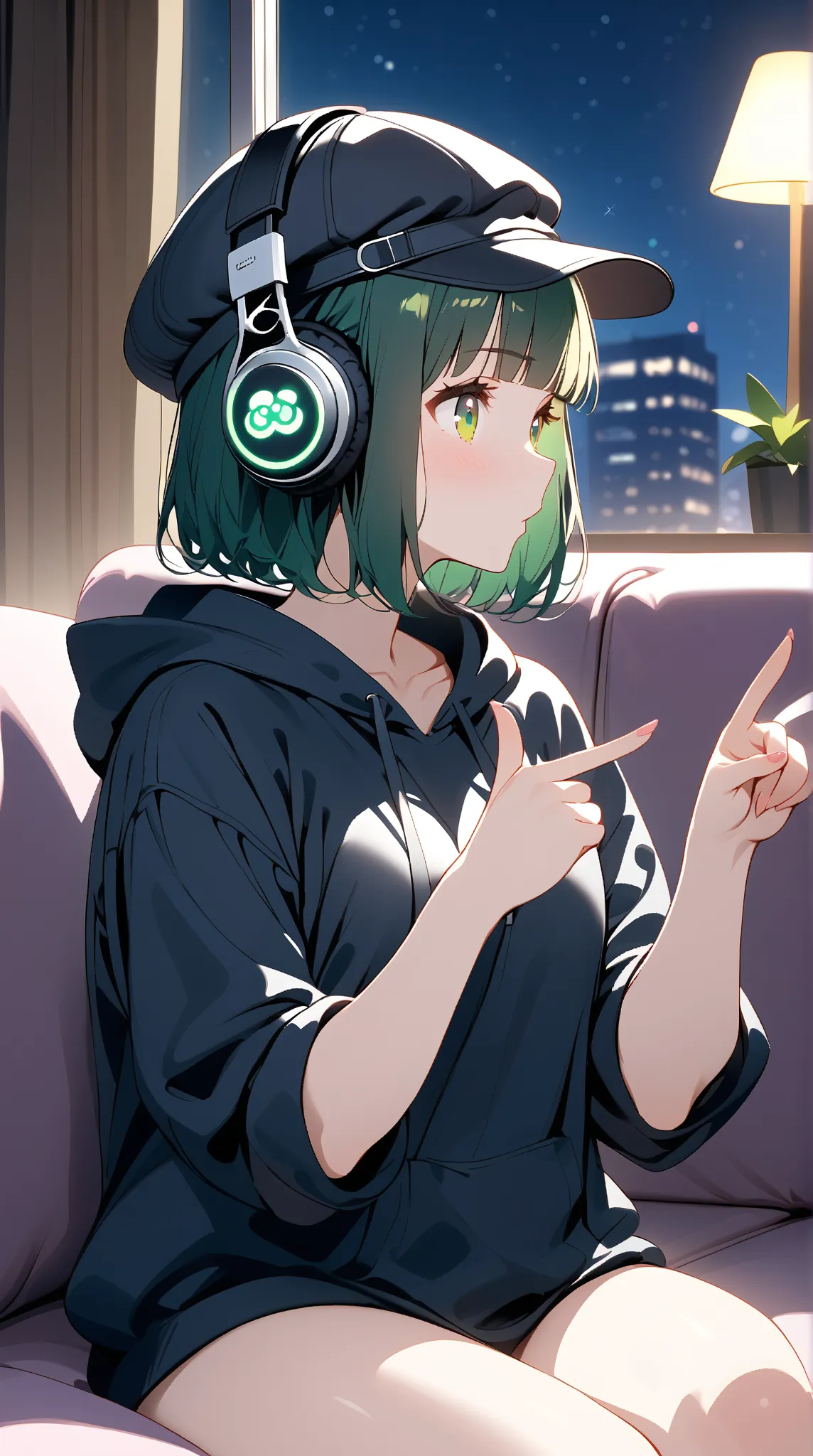 {{from side}},{{profile}},{{solo girl}},thinking,(green eyes:1.2),black hair,bob cut,wavy hair,blunt bangs,{{{a hand with four fingers and one thumb}}},(black cabbie hat),((black headphones)),((black hoodie)),sitting at sofa,{{{masterpiece}}},{{{top qualit...