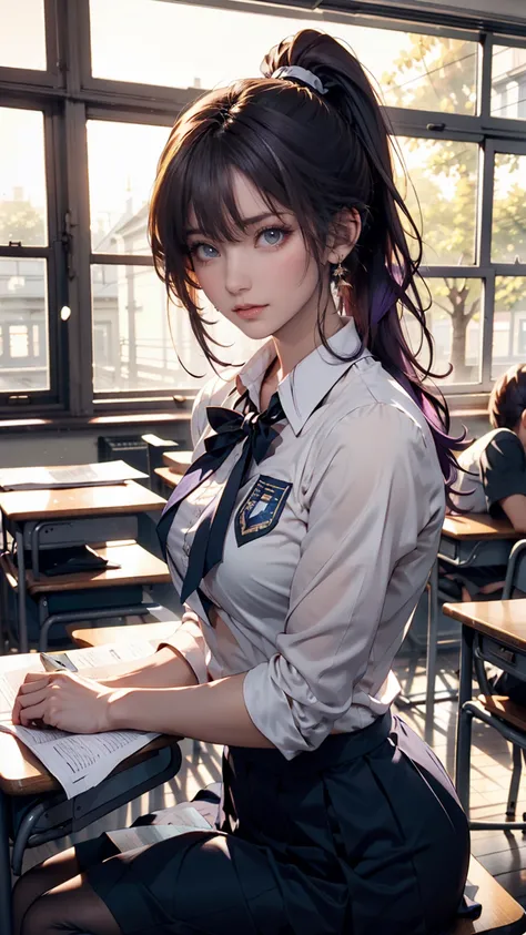 1 girl crouching,  long midnight purple hair, Golden light eyes, sit in classroom, White school uniform　modern style, anime、High Positioned Ponytail