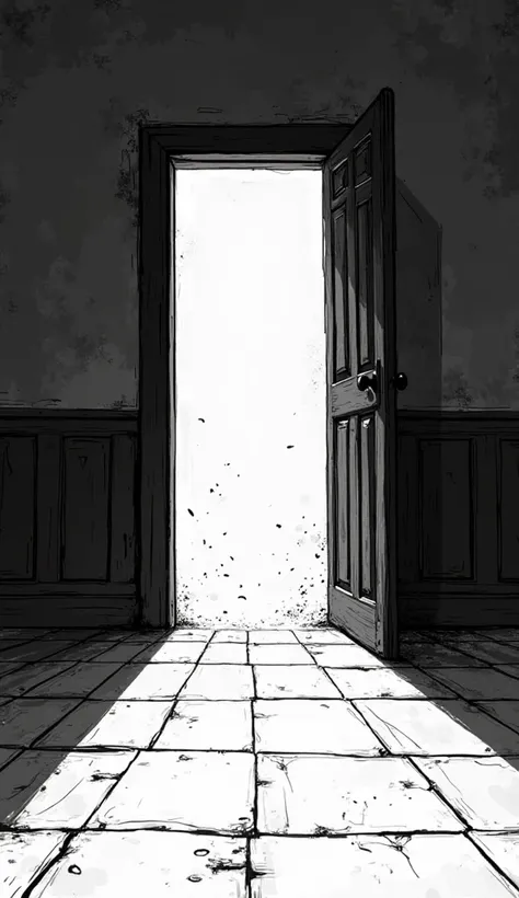 Black and white comic drawing of an open door after someone runs away