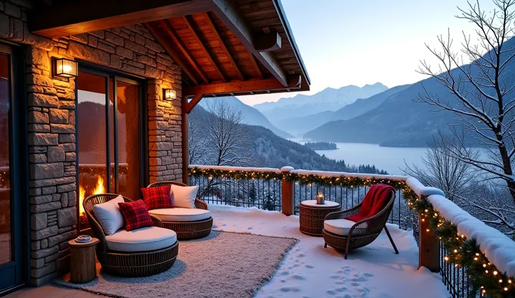 
 An outdoor area captivates a cozy winter setting on the chalet veranda , can at Christmas . Snow is gently falling,   adds to the festive atmosphere  . 
foreground:  Two wicker hanging chairs with white cushions and red plaid pillows and A luxurious that...