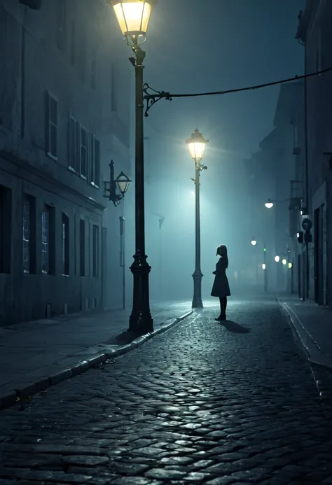 "Generate a surreal image of a solitary figure under a street lamp on an empty street. The lamppost emits a mystical and blurred light that mixes with dreamlike elements in the background, creating an environment that seems like something out of a dream."