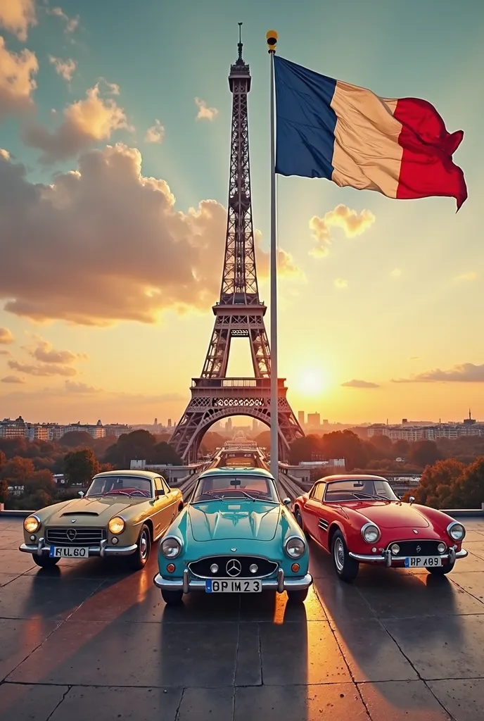 Create an image in the format of a musical album of 4 cars parked in front of the Eiffel Tower with the French flag 