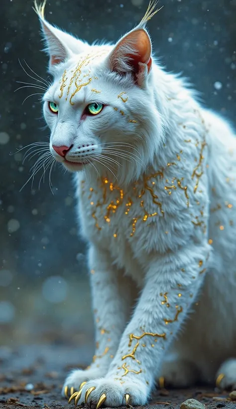 Phantom lynx with, sharp claws, golden patterns his body tattoos are small that never really touch the ground. His fur is ghostly white, shimmering into transparency and back, and her empty eyes glow with an eerie blue flame. when he hunts slowly before go...